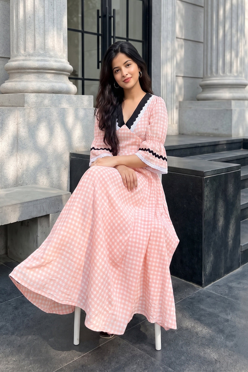 Peachy Mist Gingham Midi Dress