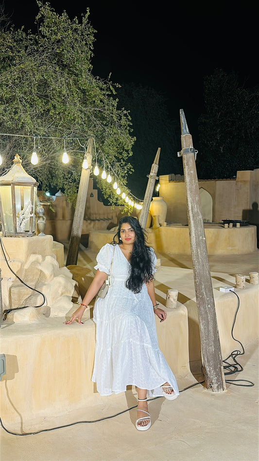 Mounashree Founder of House of Abeena wearing a dress from our collection