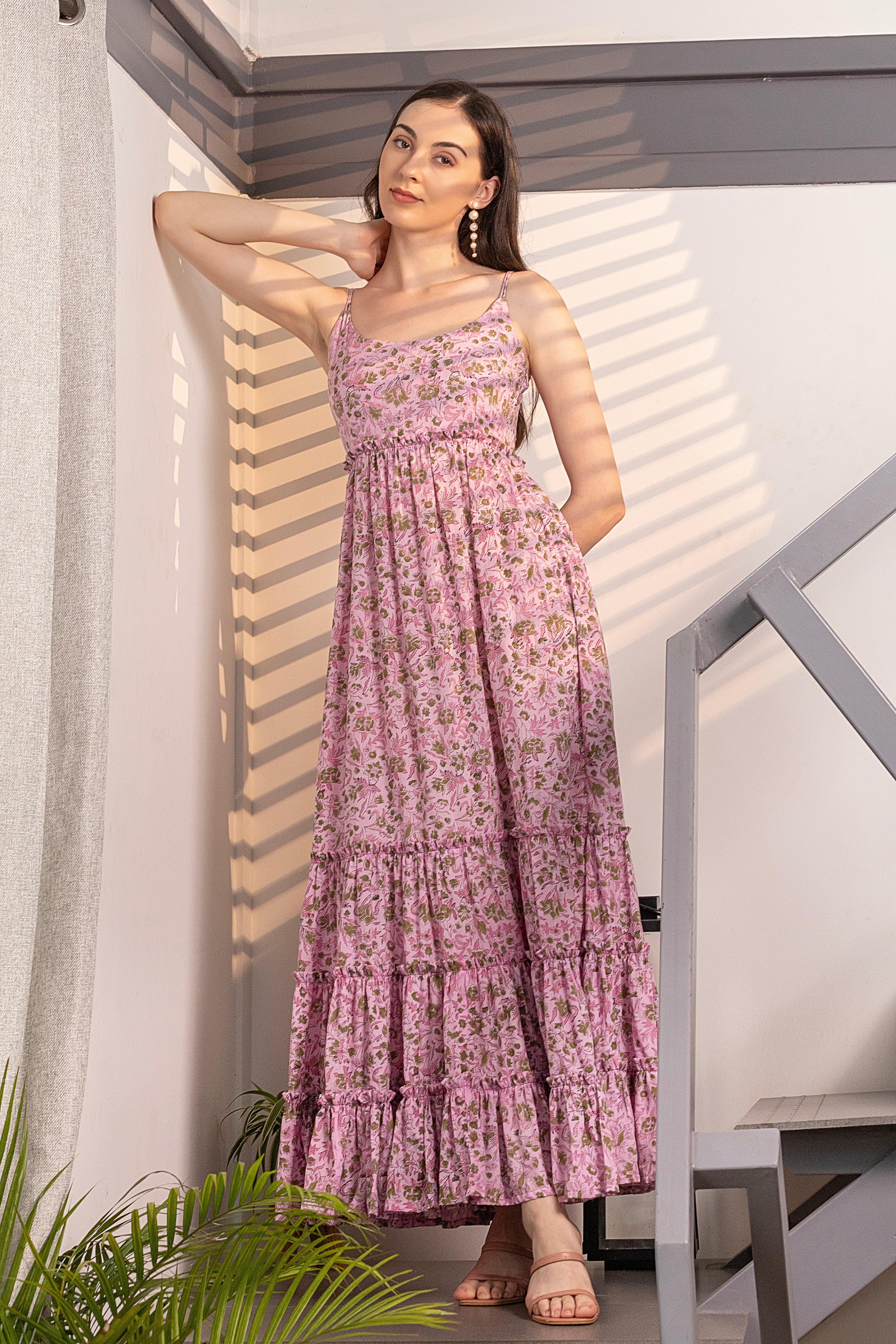 House of Abeena Women Pink & Green Handblock Floral Printed Scoop Neck Detachable Puff Sleeves Gathered Fit & Flare Maxi Dress