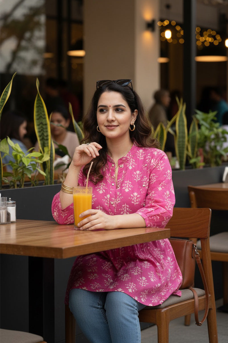 Gulmohar Pink Block Print Peplum Kurti