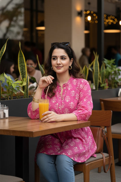 Gulmohar Pink Block Print Peplum Kurti