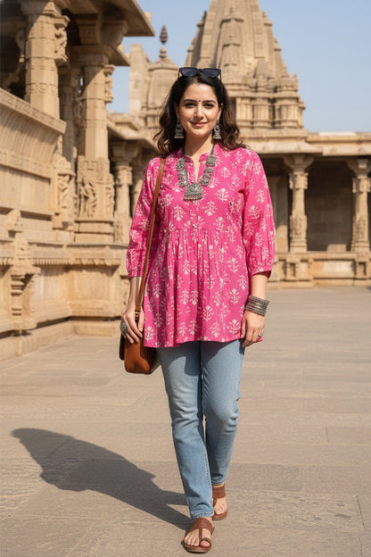 Gulmohar Pink Block Print Peplum Kurti