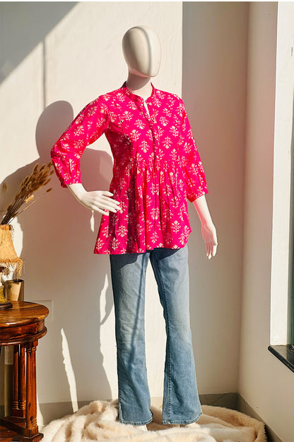 Gulmohar Pink Block Print Peplum Kurti