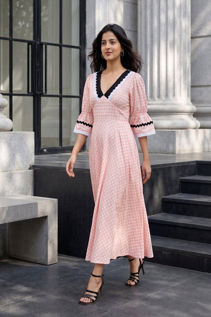 Peachy Mist Gingham Midi Dress