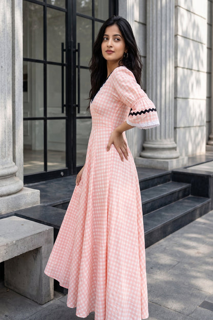Peachy Mist Gingham Midi Dress