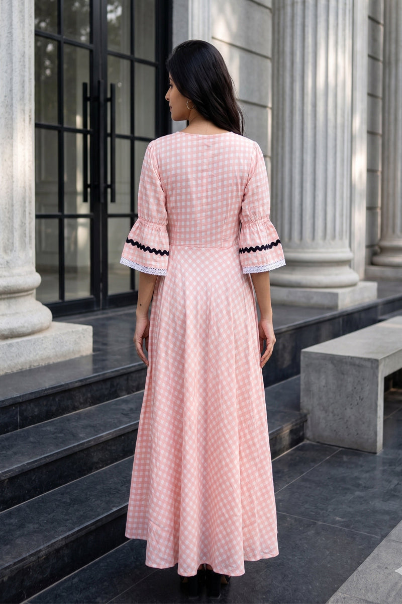 Peachy Mist Gingham Midi Dress
