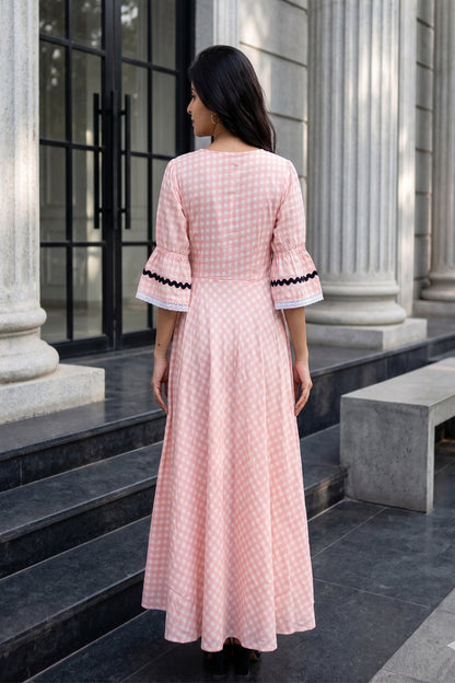 Peachy Mist Gingham Midi Dress