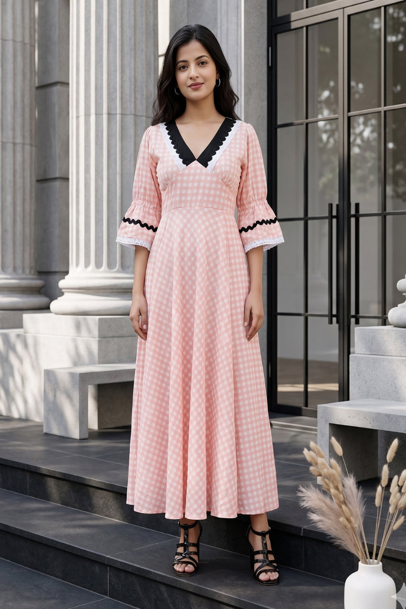 Peachy Mist Gingham Midi Dress
