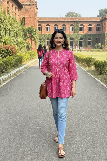 Gulmohar Pink Block Print Peplum Kurti
