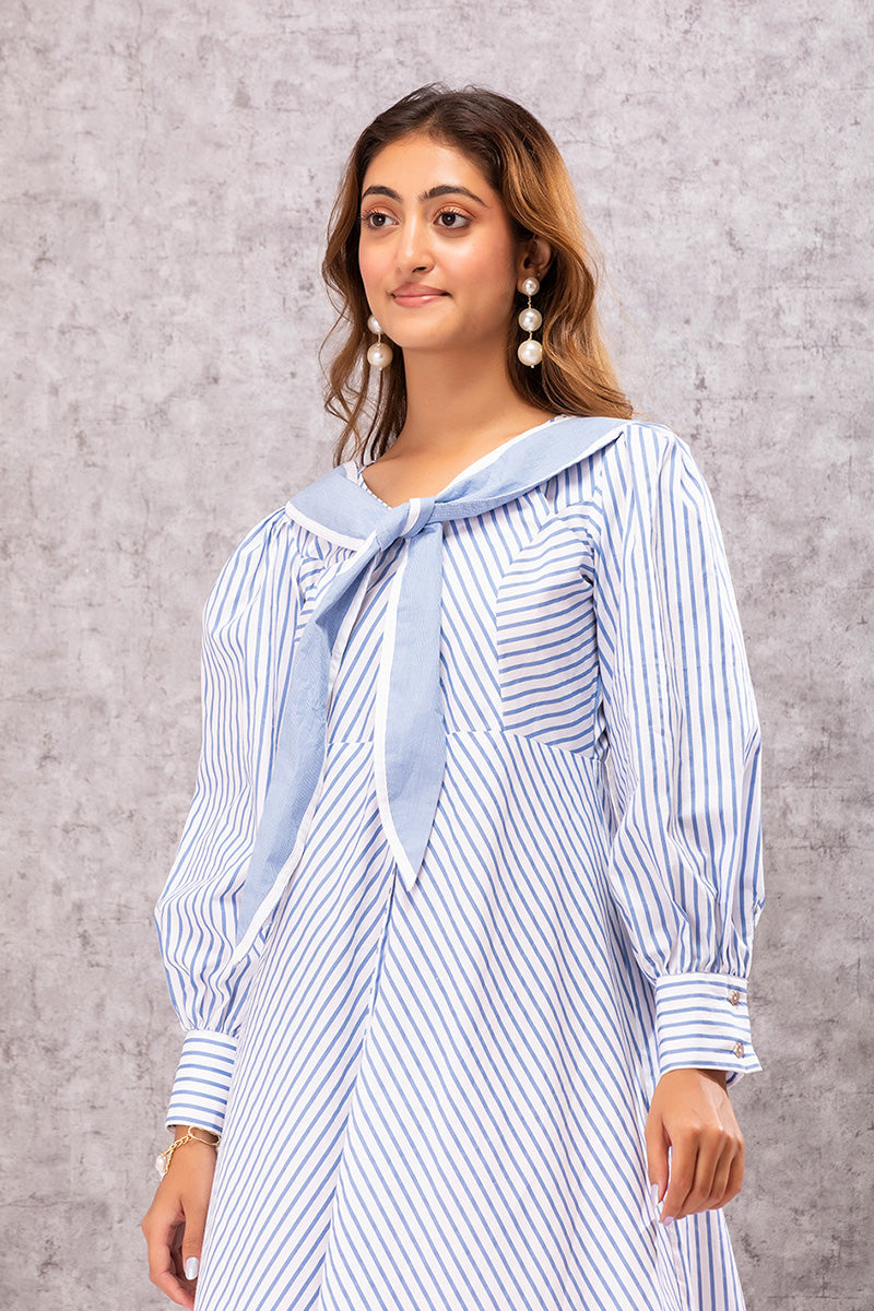 Seaside Stripes Vintage Neck Tie Midi Dress
