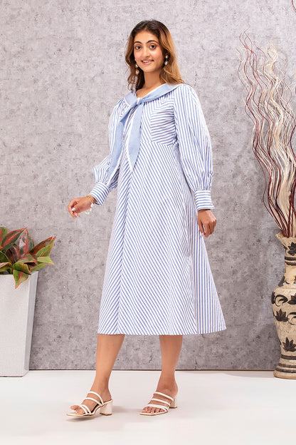 Seaside Stripes Vintage Neck Tie Midi Dress