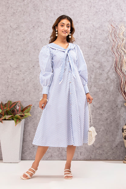 Seaside Stripes Vintage Neck Tie Midi Dress