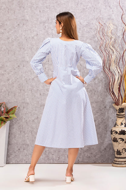 Seaside Stripes Vintage Neck Tie Midi Dress