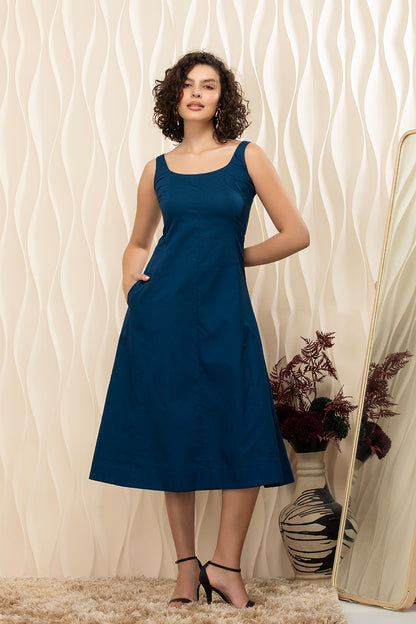 Twilight Teal Cotton A-Line Sleeveless Midi Dress