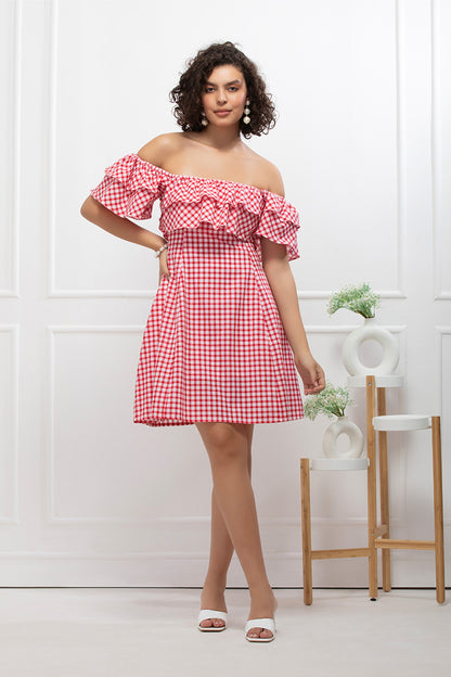 Red Checkmate Chic Off-Shoulder Mini Dress