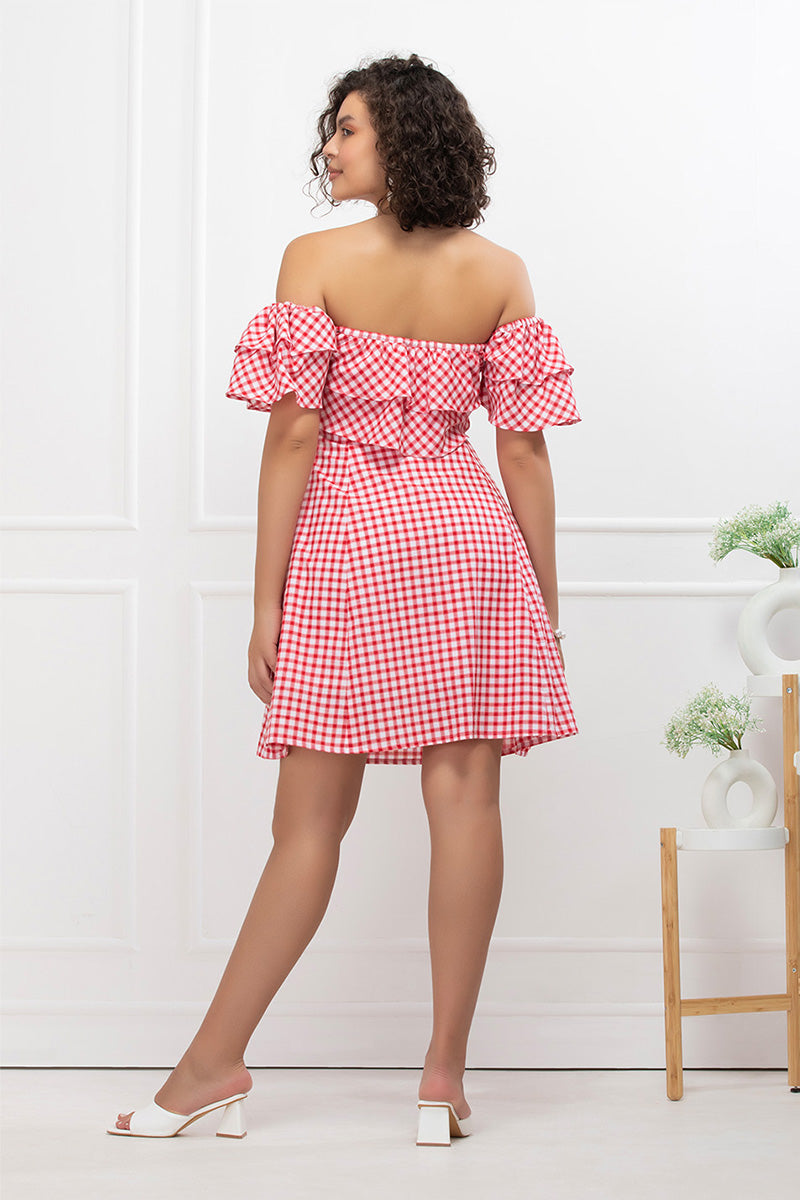 Red Checkmate Chic Off-Shoulder Mini Dress
