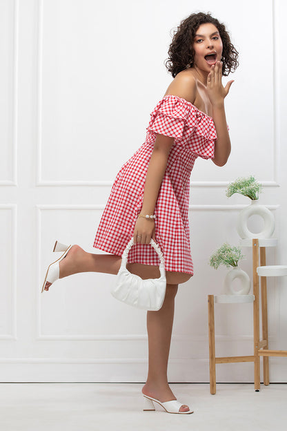 Red Checkmate Chic Off-Shoulder Mini Dress
