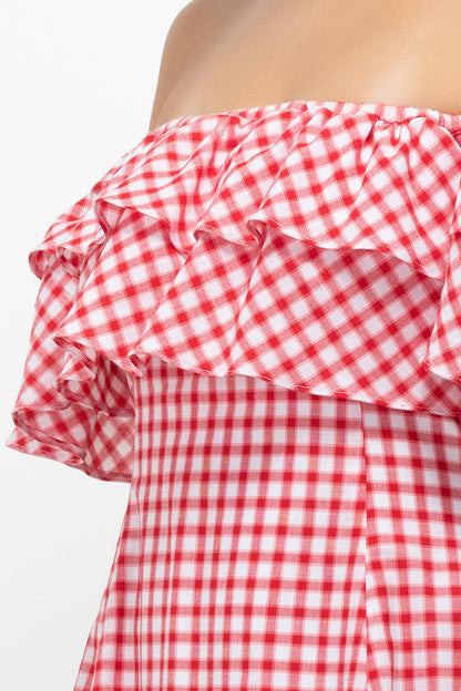 Red Checkmate Chic Off-Shoulder Mini Dress