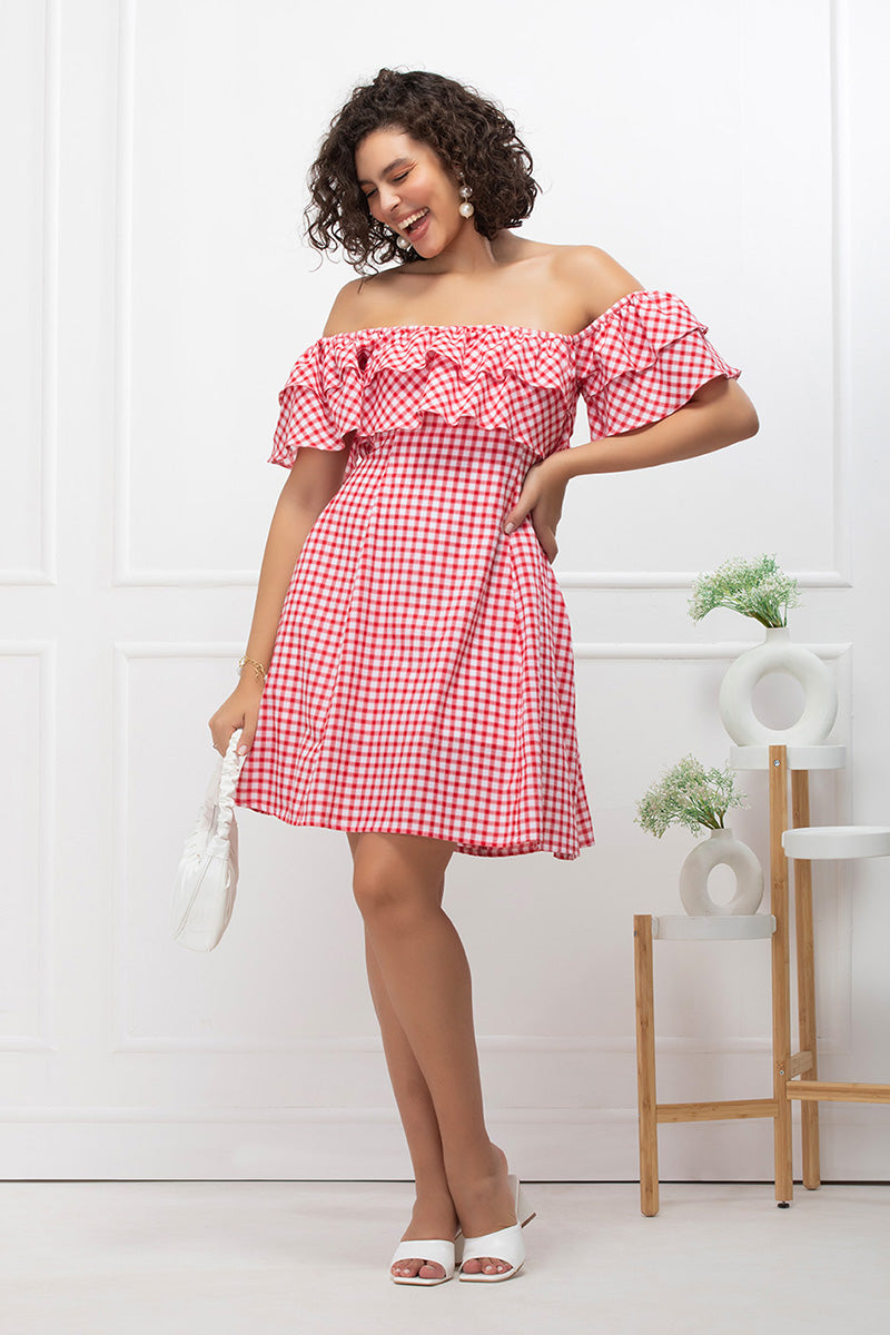 Red Checkmate Chic Off-Shoulder Mini Dress