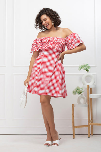 Red Checkmate Chic Off-Shoulder Mini Dress