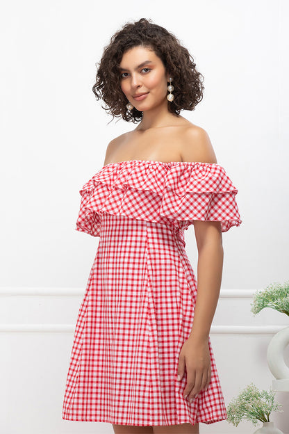 Red Checkmate Chic Off-Shoulder Mini Dress
