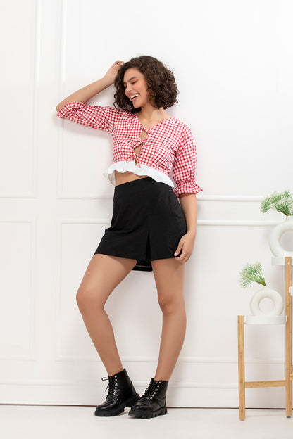 Cherry Gingham Cotton Tie-Detail Crop Top