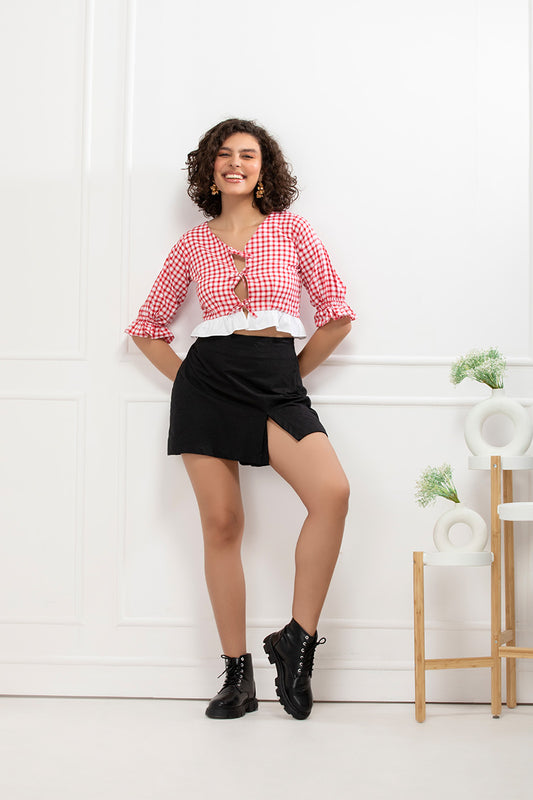 Cherry Gingham Cotton Tie-Detail Crop Top