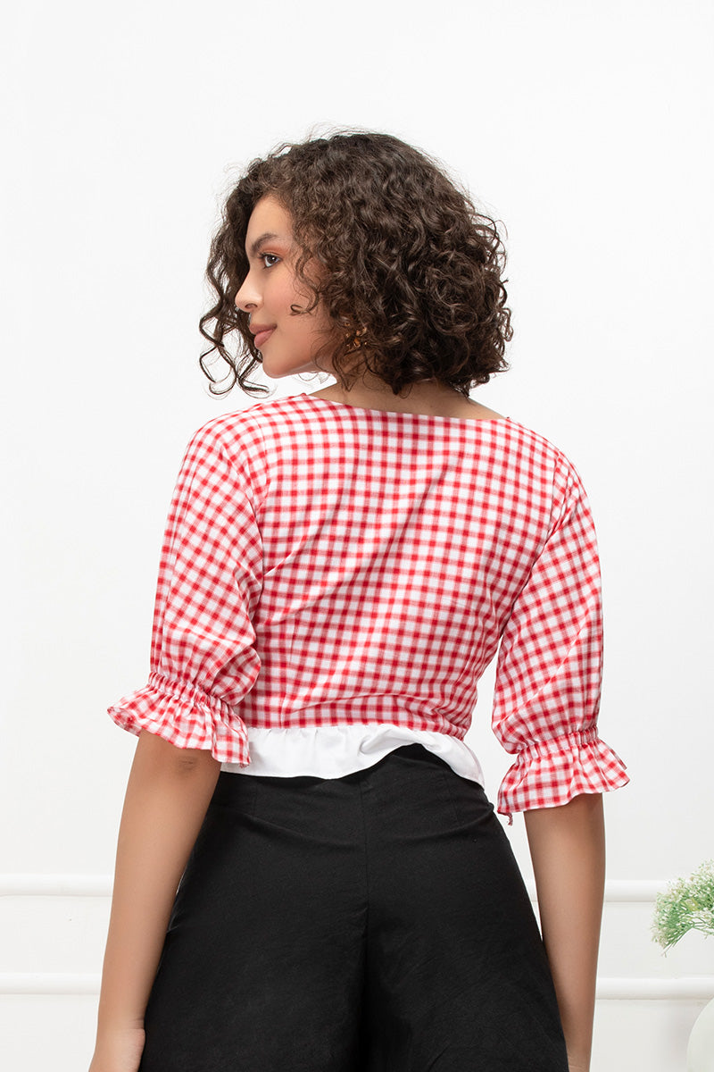 Cherry Gingham Cotton Tie-Detail Crop Top