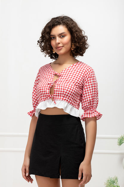 Cherry Gingham Cotton Tie-Detail Crop Top