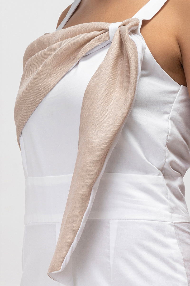 Ivory Beige Knot Detail White Jumpsuit