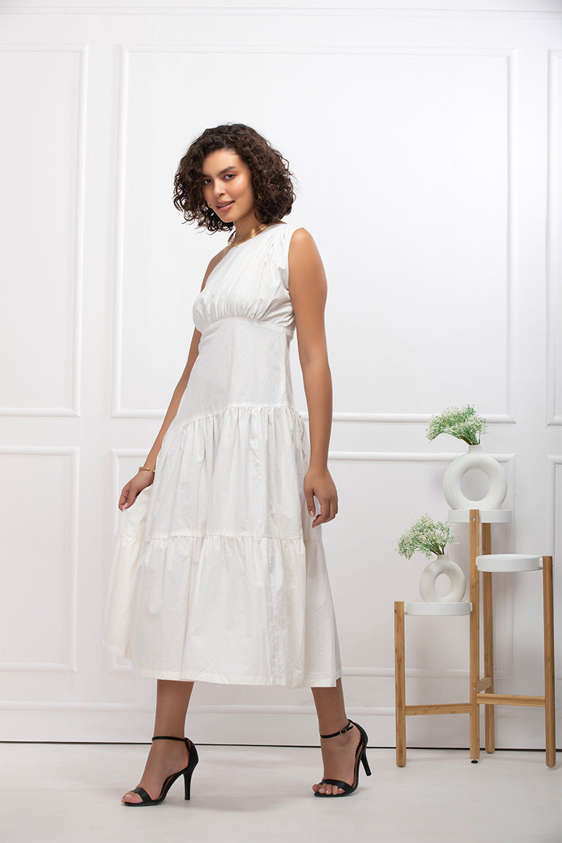 White Breeze Asymmetric One-Shoulder Tiered Midi Dress