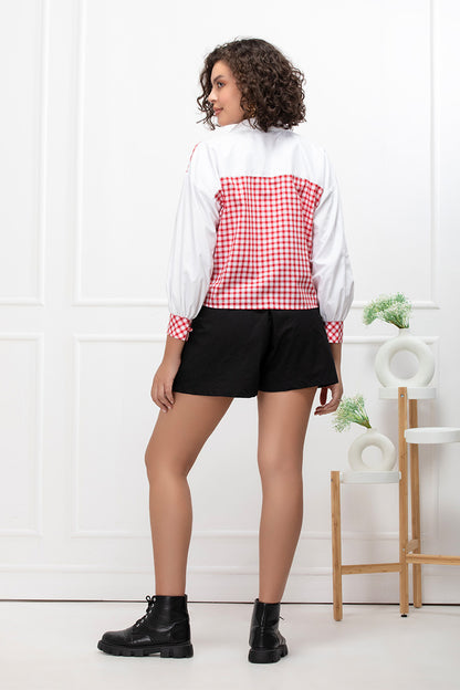 Red Gingham Patchwork Cotton Oversized Shirt