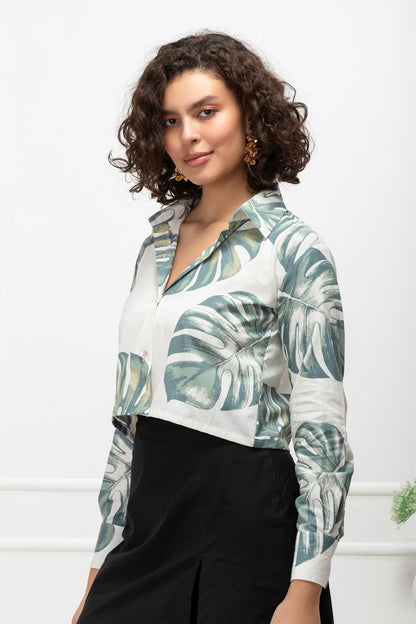 Monstera Muse Tropical Print Cropped Shirt