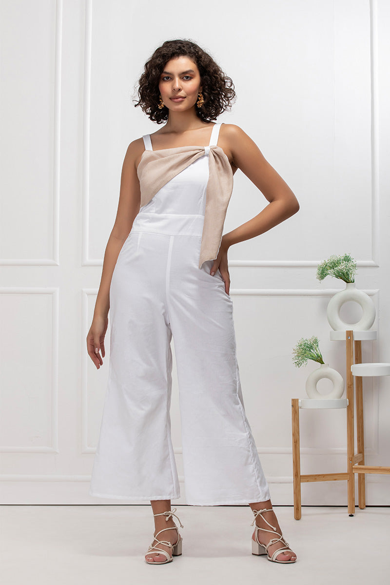 Ivory Beige Knot Detail White Jumpsuit