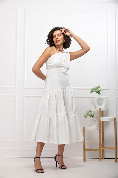 White Breeze Asymmetric One-Shoulder Tiered Midi Dress