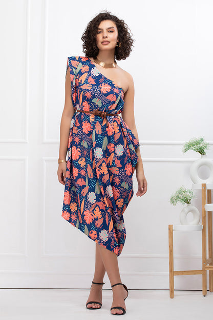 Coral Bloom Asymmetrical Midi Dress