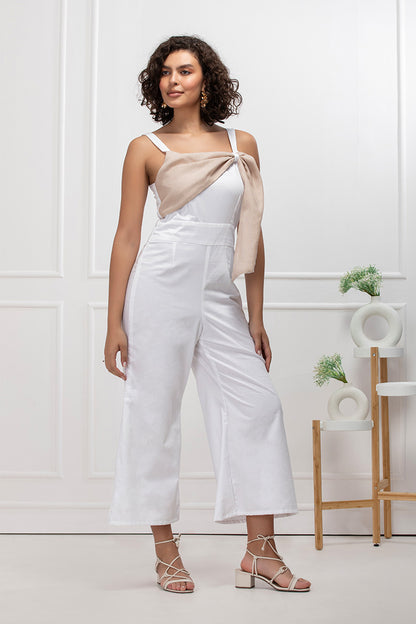 Ivory Beige Knot Detail White Jumpsuit