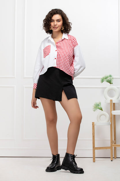 Red Gingham Patchwork Cotton Oversized Shirt