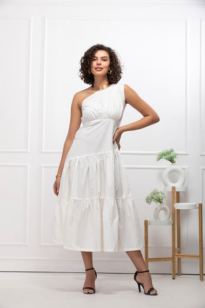White Breeze Asymmetric One-Shoulder Tiered Midi Dress