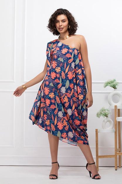 Coral Bloom Asymmetrical Midi Dress