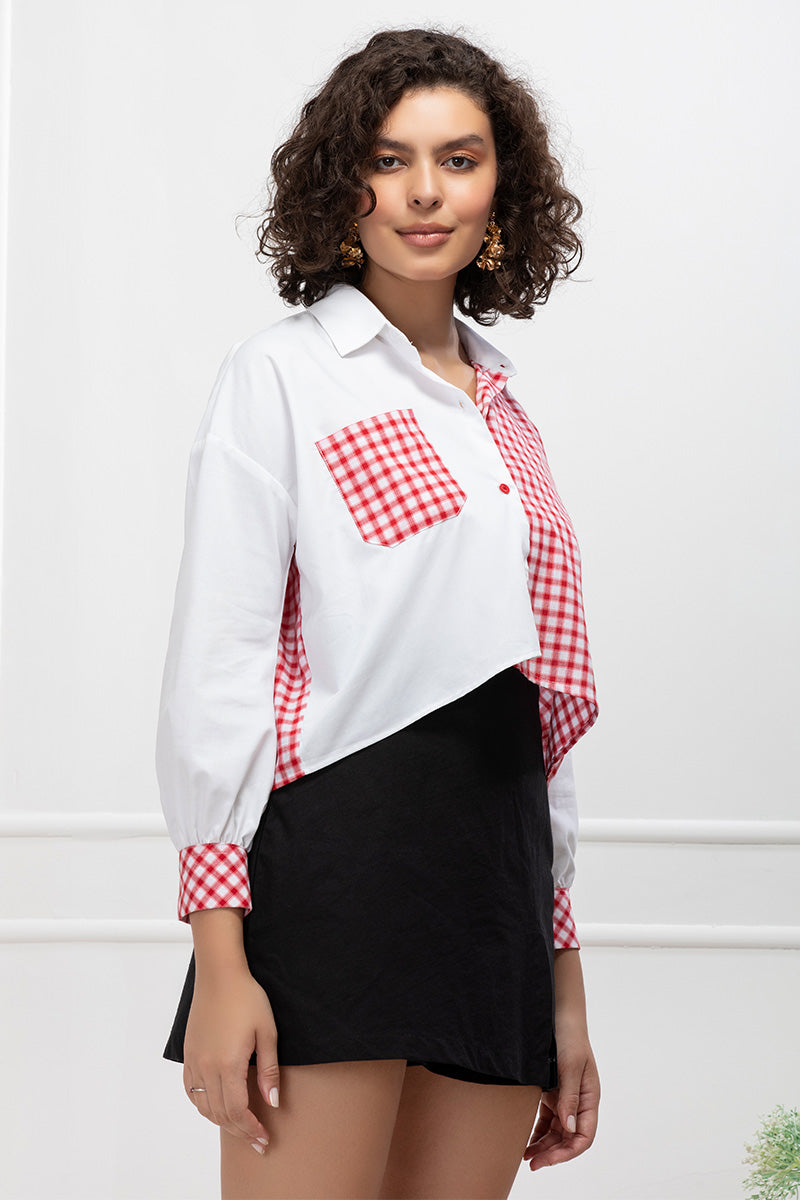 Red Gingham Patchwork Cotton Oversized Shirt