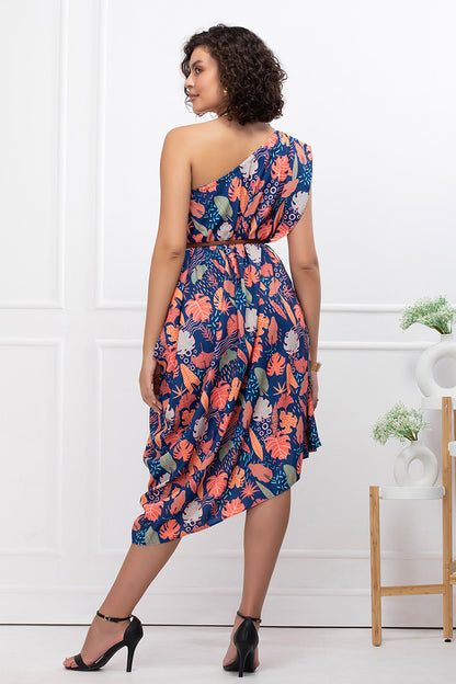 Coral Bloom Asymmetrical Midi Dress