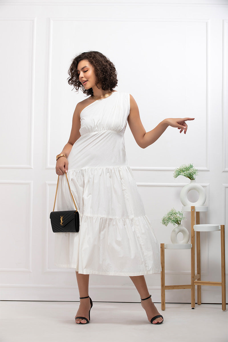 White Breeze Asymmetric One-Shoulder Tiered Midi Dress