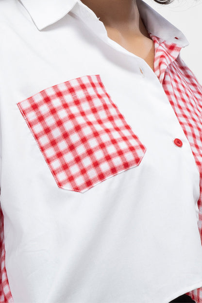 Red Gingham Patchwork Cotton Oversized Shirt