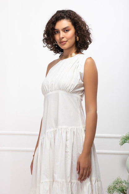 White Breeze Asymmetric One-Shoulder Tiered Midi Dress