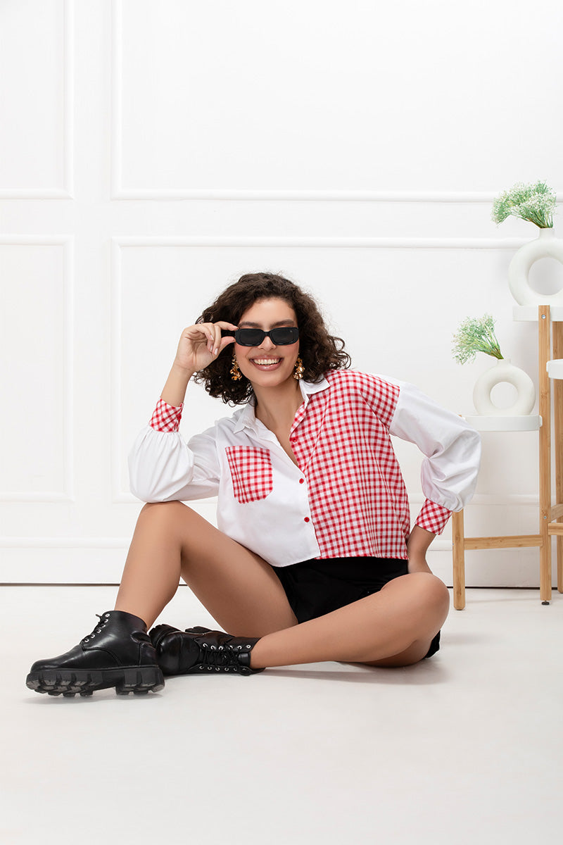 Red Gingham Patchwork Cotton Oversized Shirt