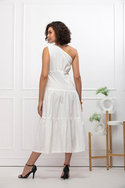 White Breeze Asymmetric One-Shoulder Tiered Midi Dress