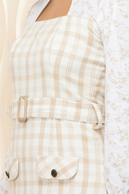 Ivory Grid With Cut-Out Collar Mini Dress