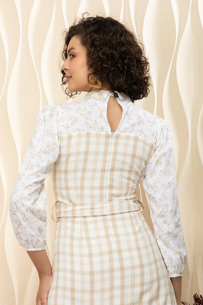 Ivory Grid With Cut-Out Collar Mini Dress