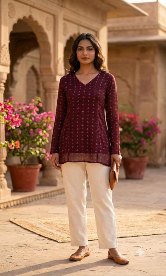 Bordeaux Bloom Tie-Back Short Kurti